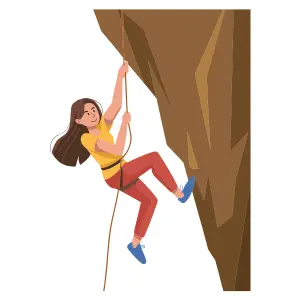 A woman climbing a rock with a rope