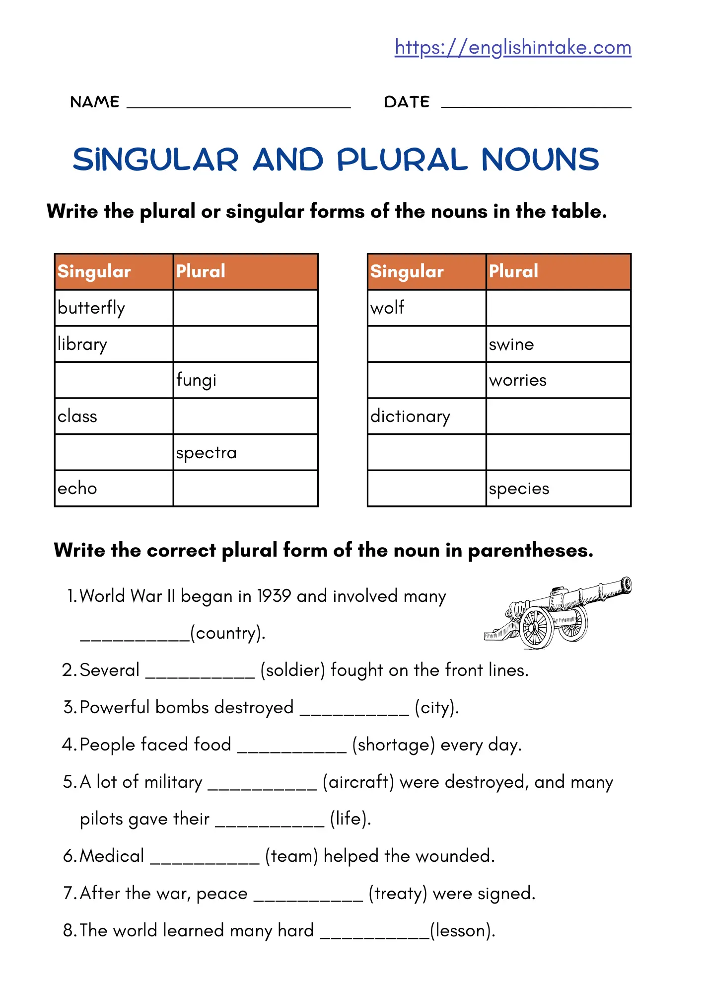 Singular-plural exercises Singular-plural exercises with a table to complete and eight sentences where students change singular nouns to their plural forms.