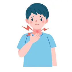 A boy wearing a blue T-shirt holding his throat because it hurts
