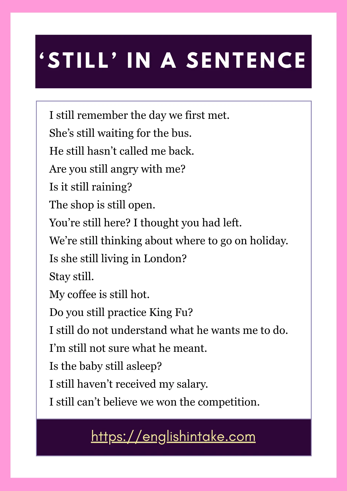 Still in a sentence - 17 examples
