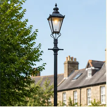 A realistic vocabulary image showing a lamppost beside a road.