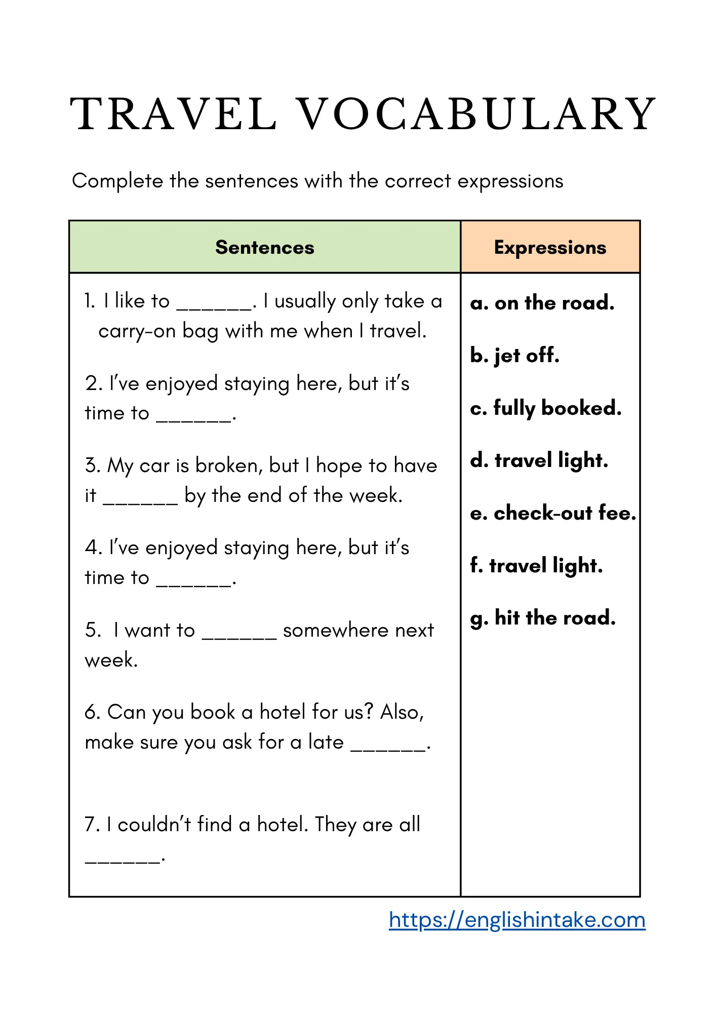 Travel vocabulary worksheet with fill-in-the blanks exercises