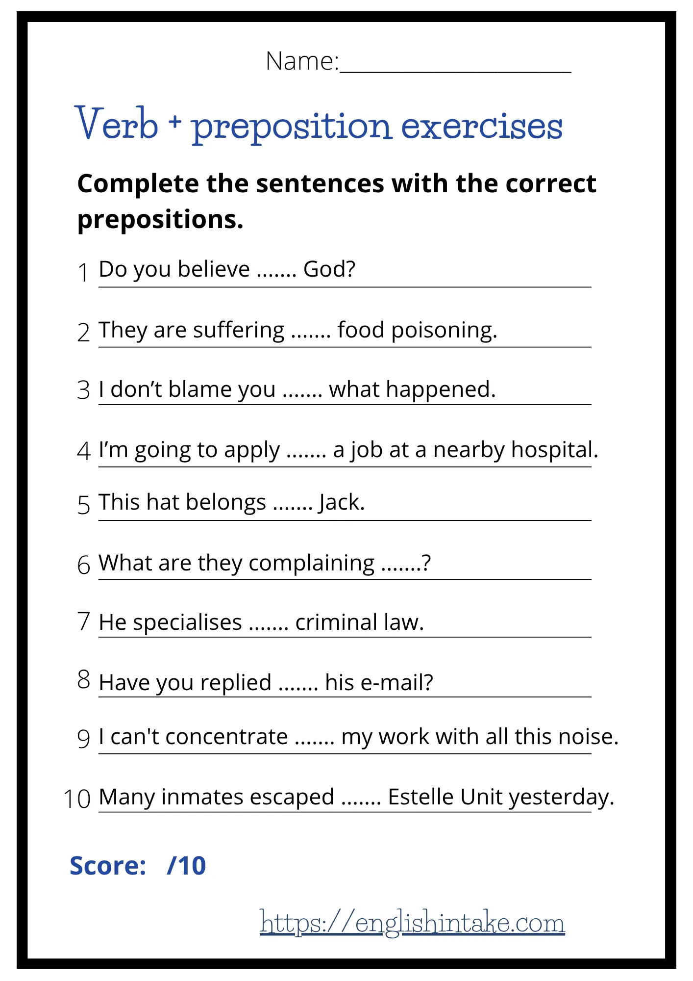 Verb preposition exercises Verb preposition exercises - printable worksheet