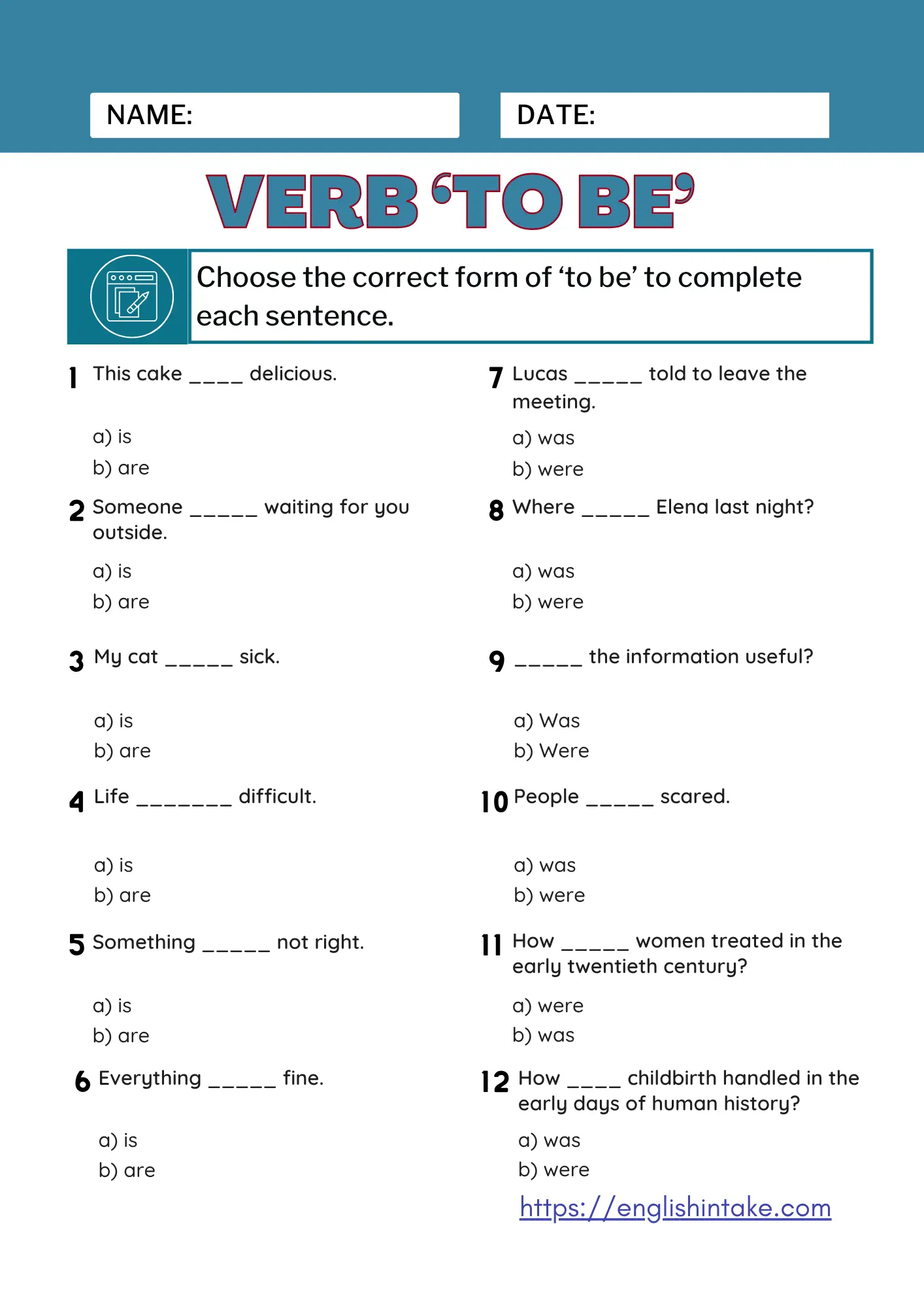 This verb to be exercise contains 12 multiple-choice questions where students choose the correct options to fill in the blanks. A PDF worksheet can be downloaded for free, and answers are given.