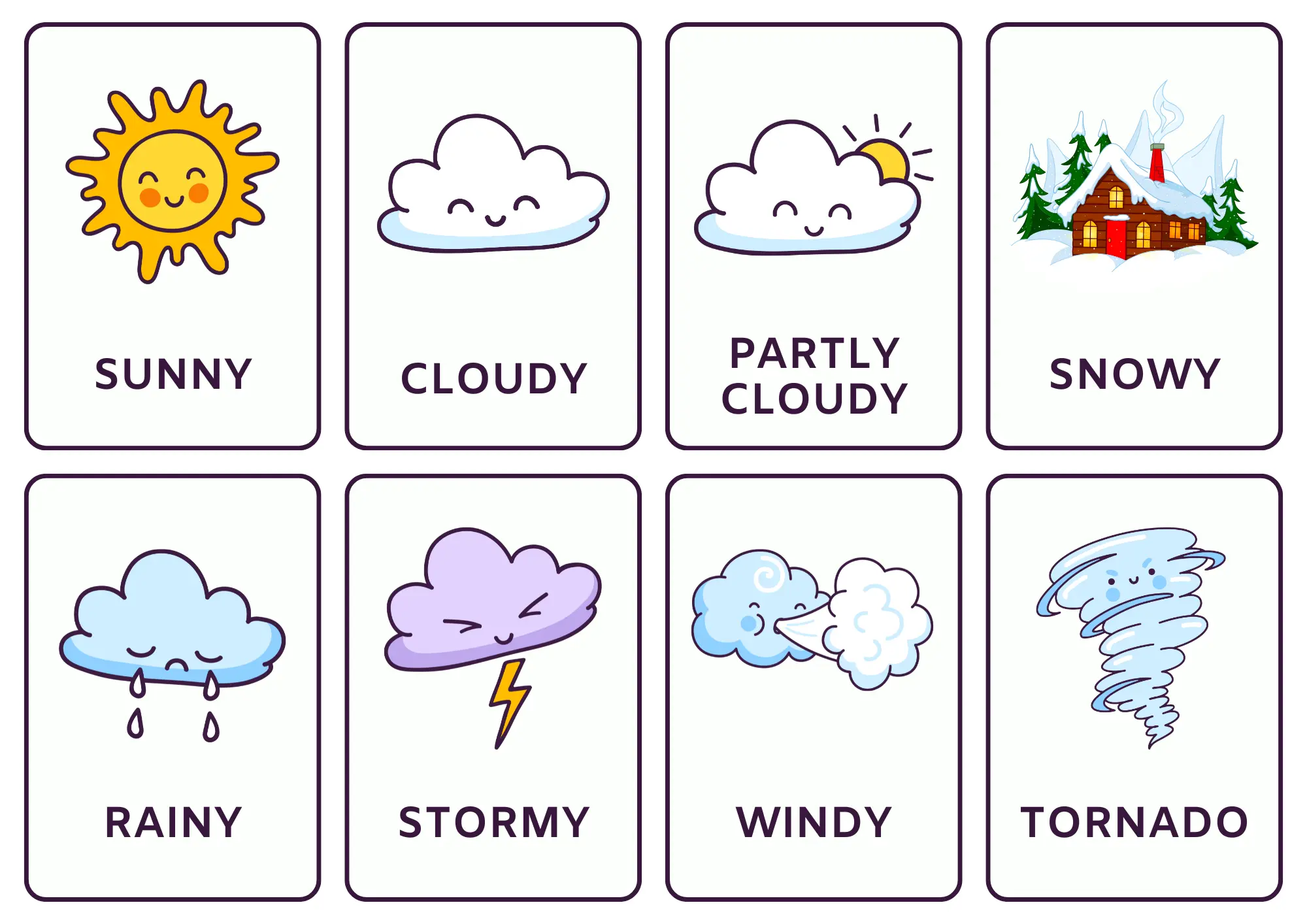 Weather flashcards containing 8 vocabulary words to memorise