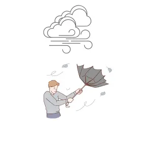 A windy weather Strong wind blowing a man's umbrella inside out