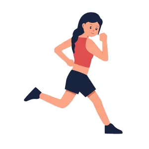 A woman wearing a red tee shirt and black shorts running