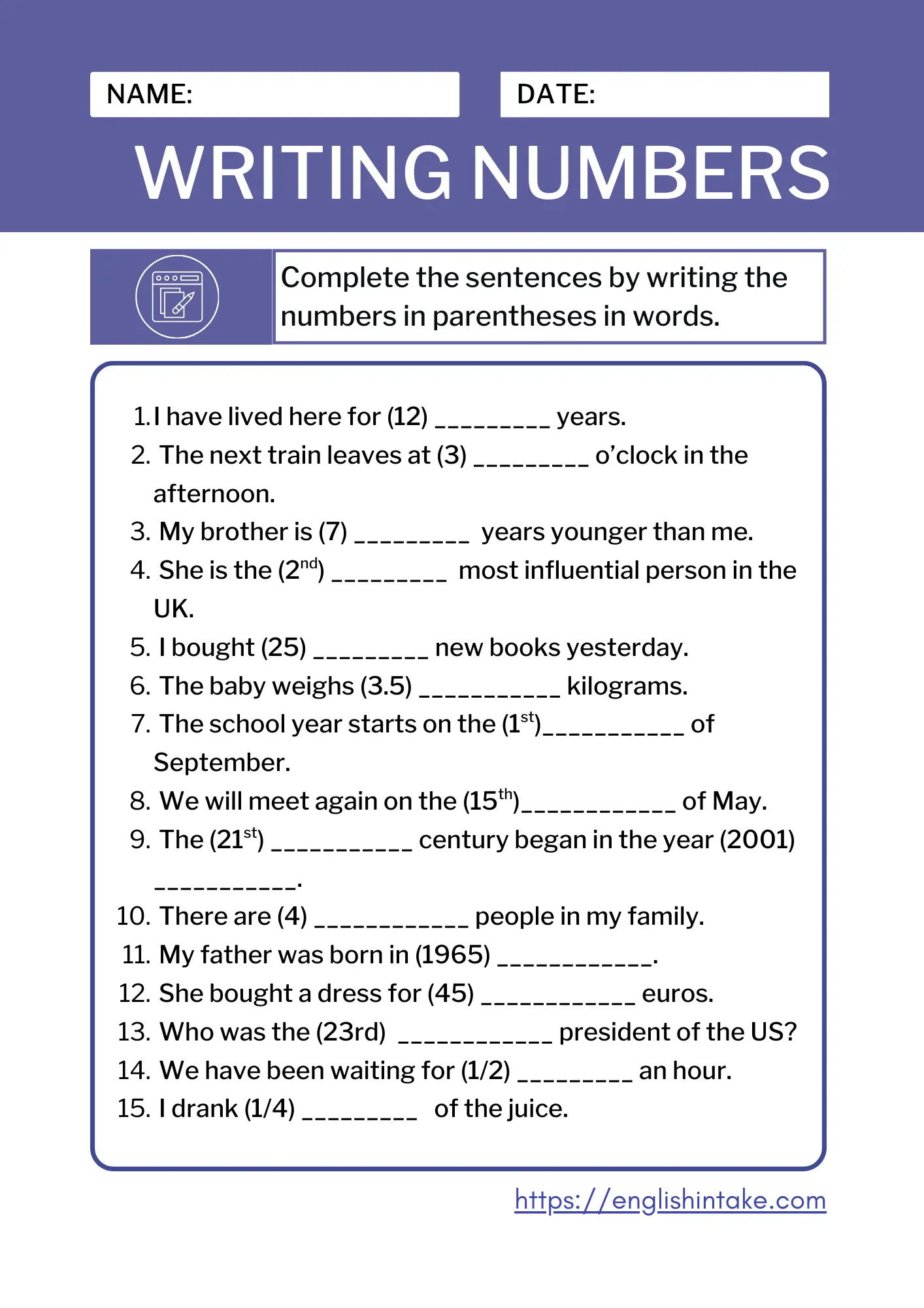 Exercises on writing numbers. There are 16 sentences in this worksheet. Change each number in brackets into words.