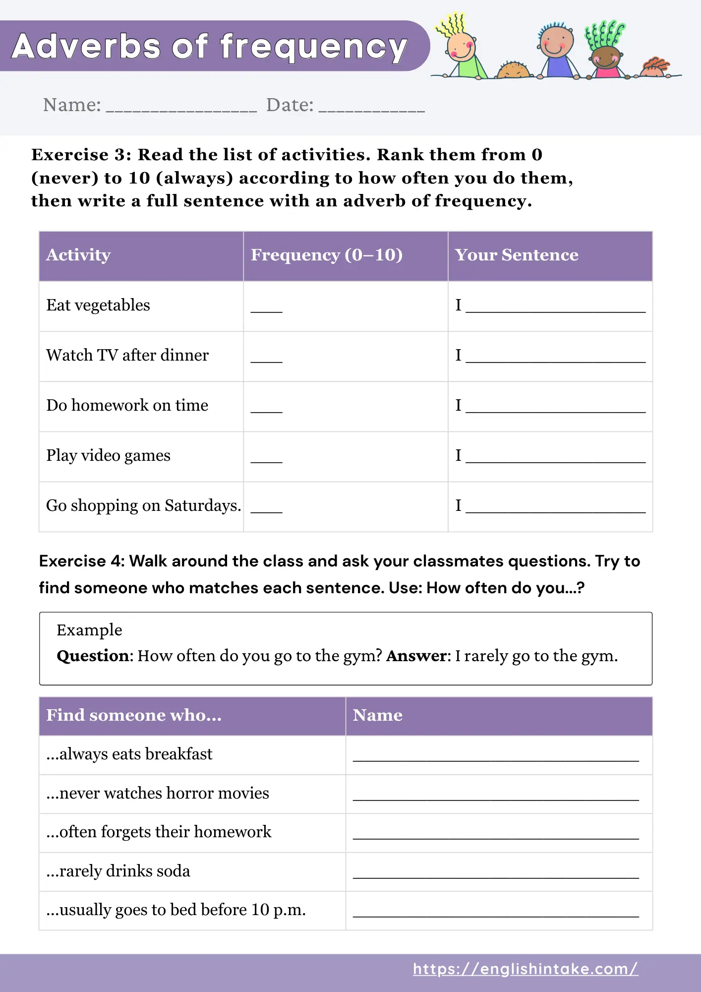 Slide 2: Adverbs of frequency exercises where students rate activities from never to always and write sentences.