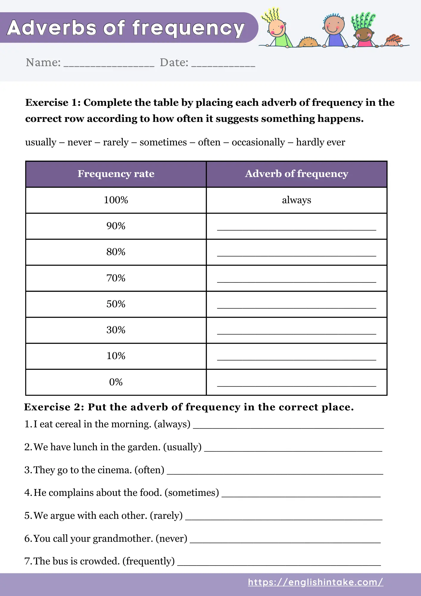 Slide 1: Adverbs of frequency worksheet with exercises to match adverbs to percentages and arrange sentences.