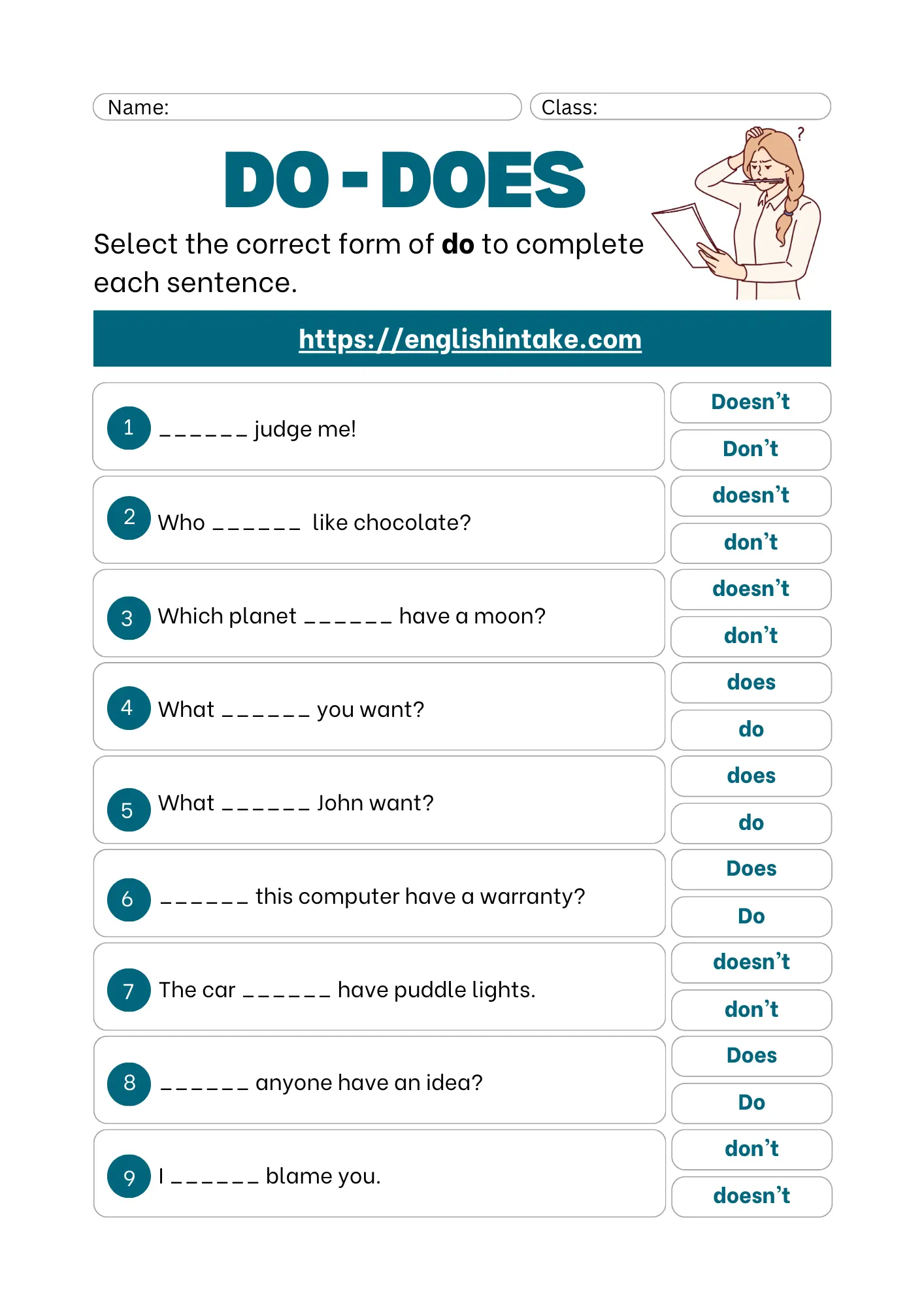 Do - does exercises Do - does exercises with 9 sentences to fill in