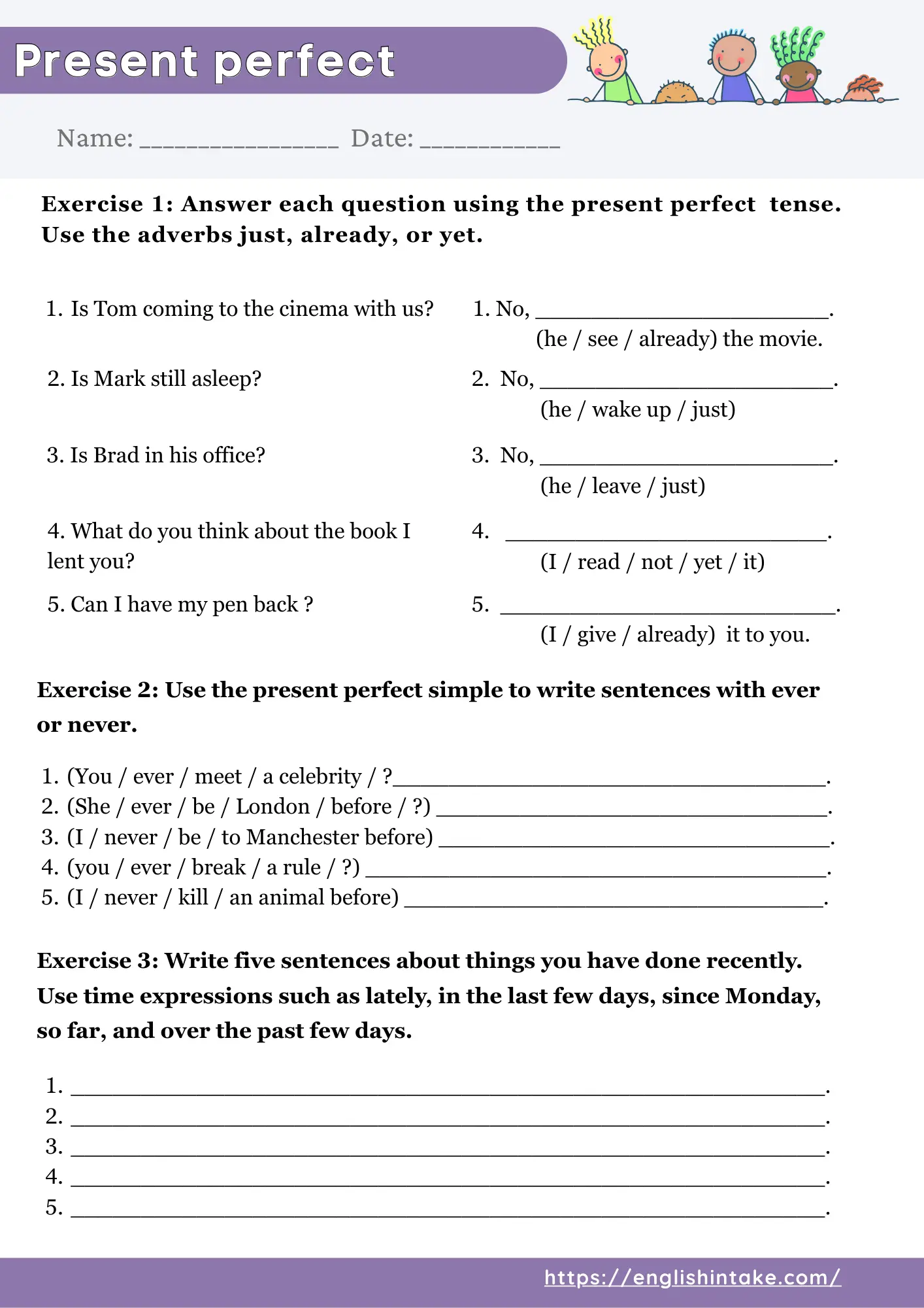 Present perfect exercises with sentence completion, personal experience questions, and descriptions of recent activities using different time expressions
